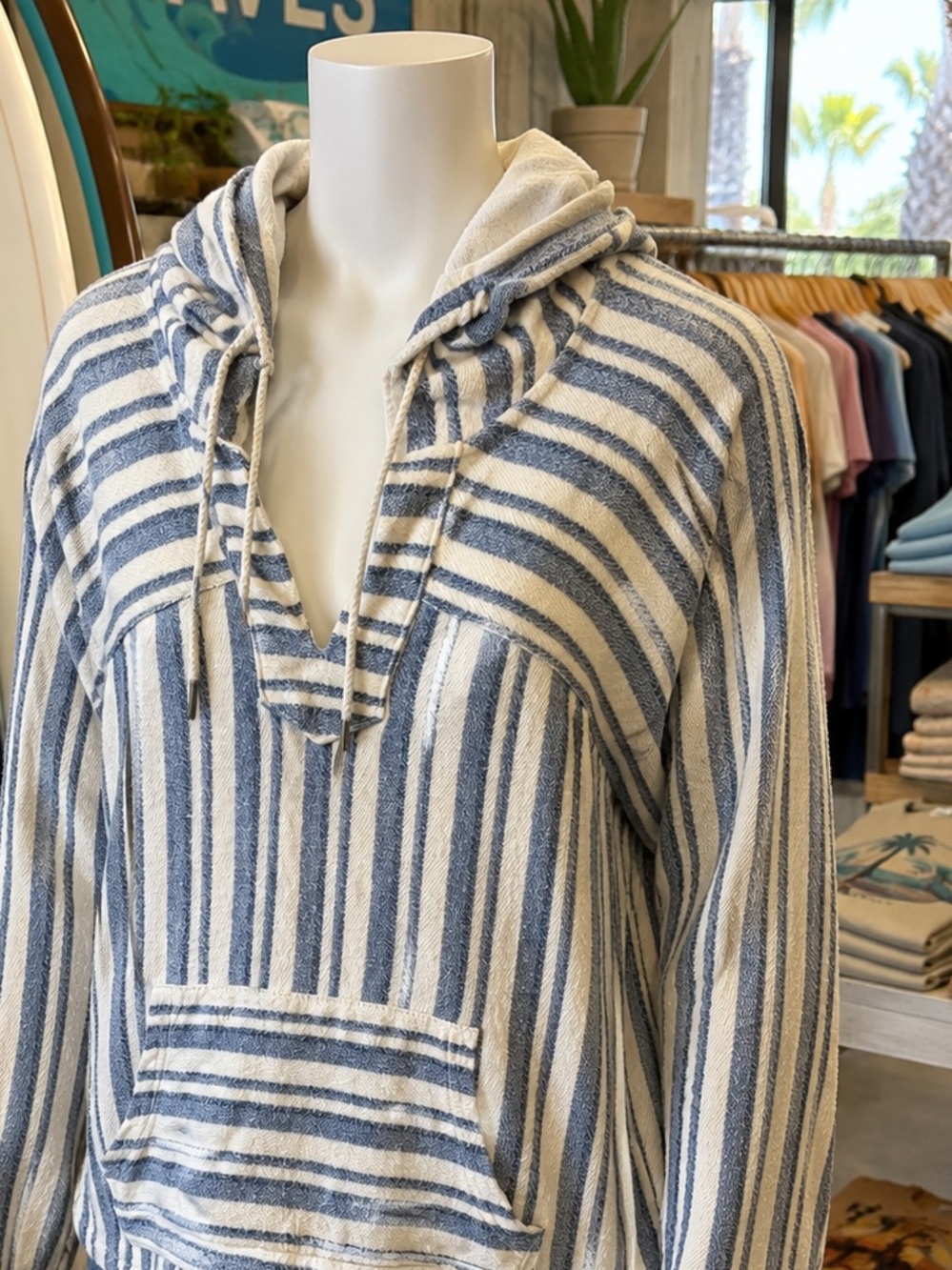 Roxy Blue and White Striped Hooded Pullover Sweatshirt